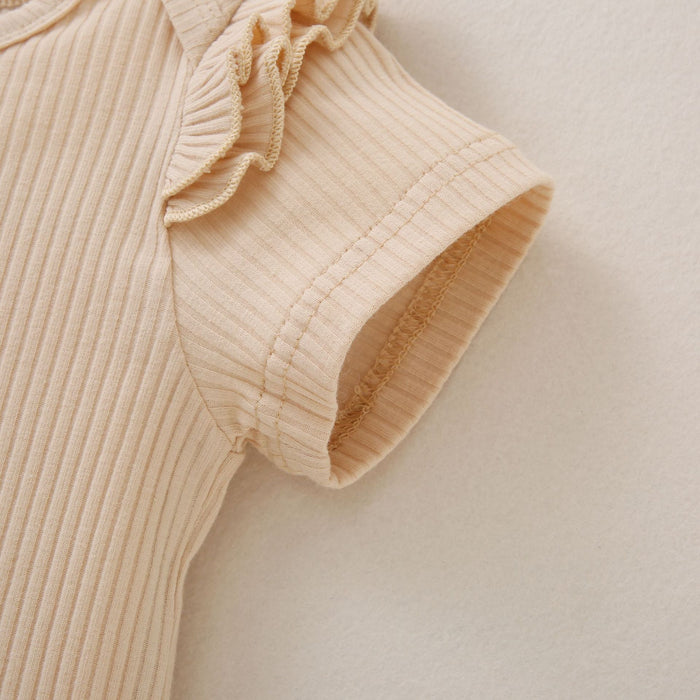 Short sleeve cotton pit stripe Khaki printed shorts bow three piece set