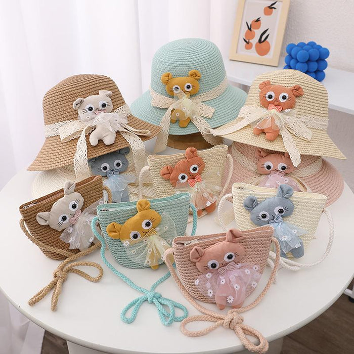 Summer Trendy Lace Cat Children's Grass Bucket Hat Bag Set
