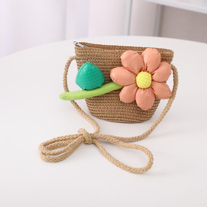 Trendy Three-dimensional Five-petal Flower Children's Wavy Straw Hat Bag Set
