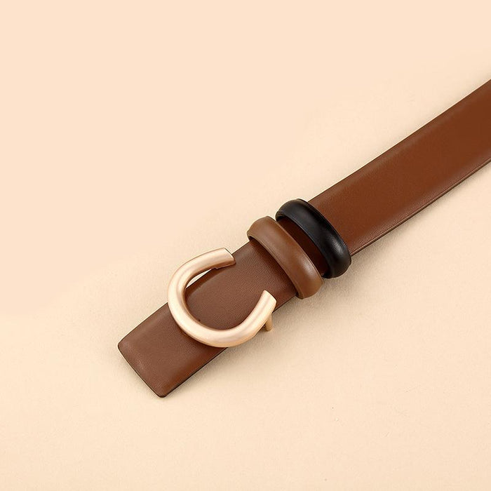 Women's leather belt can be worn on both sides with inner buckle and simple thin belt