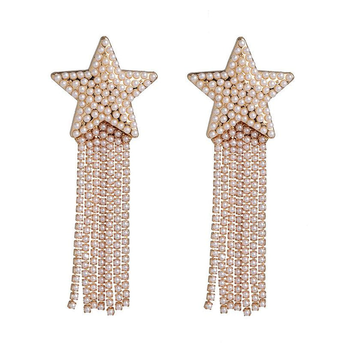 Female Jewelry Personality Exaggerated Pearl Tassel Earrings Accessories Inlaid Rhinestone