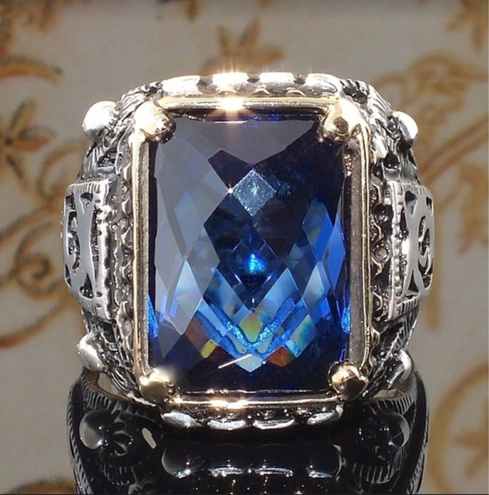Square Carved Sapphire Crystal Ring for Men
