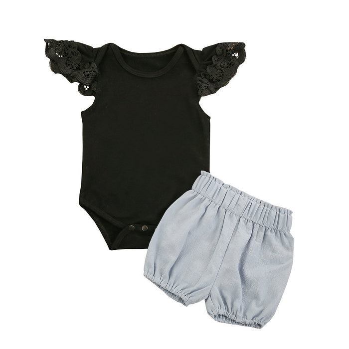 Girls' black fly sleeve top grey shorts two piece set