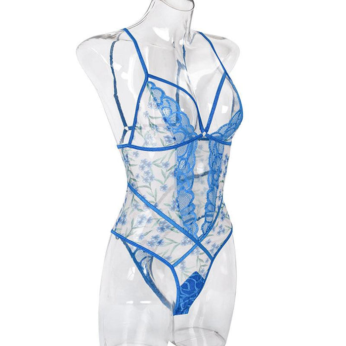 Women's Summer Mesh Lingerie Floral Print Slim Bodysuit