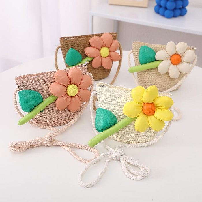 Trendy Three-dimensional Five-petal Flower Children's Wavy Straw Hat Bag Set