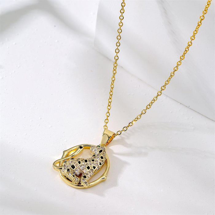 New Animal Geometric Gold Color Zircon Leopard Necklace