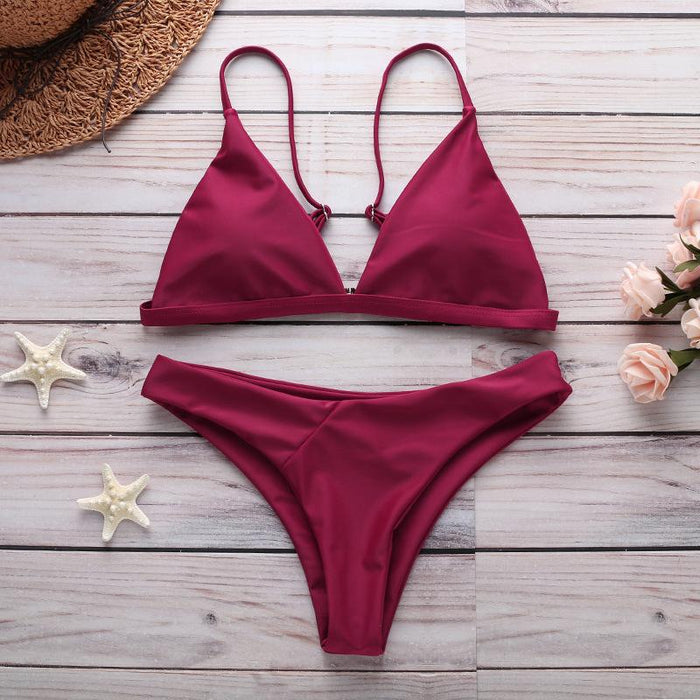 Sexy Split Solid Color Swimsuit Bikini Set