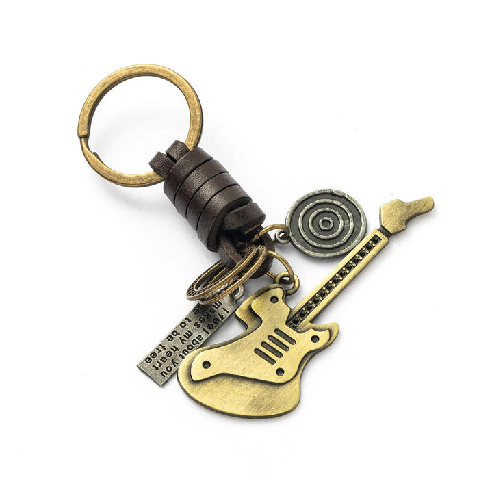 Vintage guitar leather metal key chain creative small gift hand woven car key chain pendant