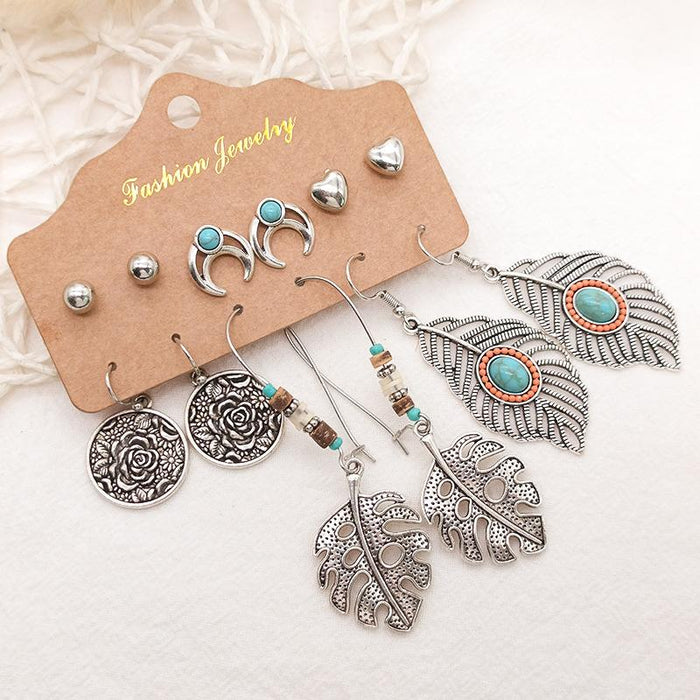 Vintage Long Tassel Leaf Feather Earring Set Jewelry