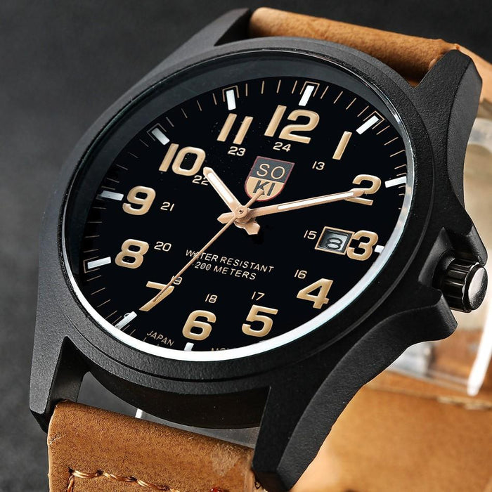 SOKI Men Watches Casual Leather Strap Number Dial Quartz Wristwatch