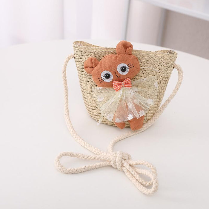 Summer Trendy Lace Cat Children's Grass Bucket Hat Bag Set