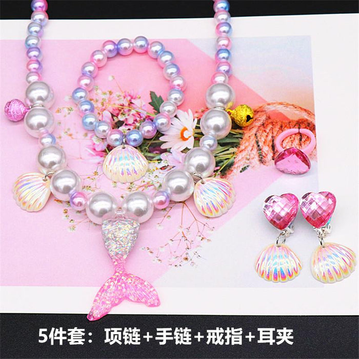Children's Beauty Fishtail Pearl Necklace Bracelet Ring Earring Set