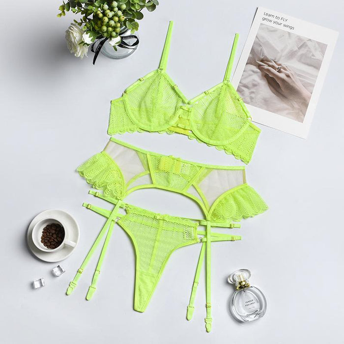 Women's Lace Stitching Sexy Garter Lingerie Three-piece Set