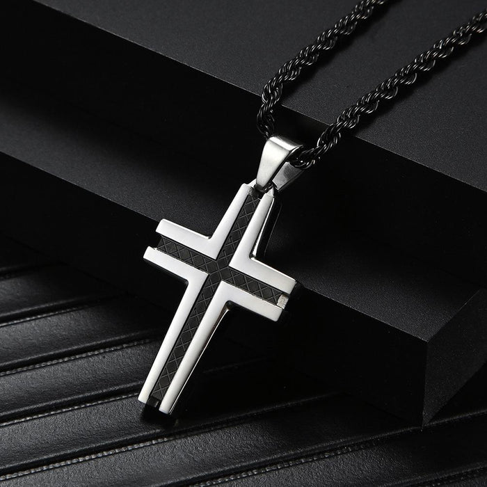 Carved Checkered Polished Stainless Steel Cross Necklace