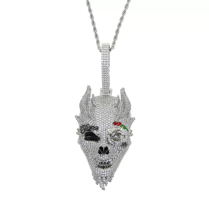 Rock Punk Men CZ Big 3D Shaped Skull Necklace