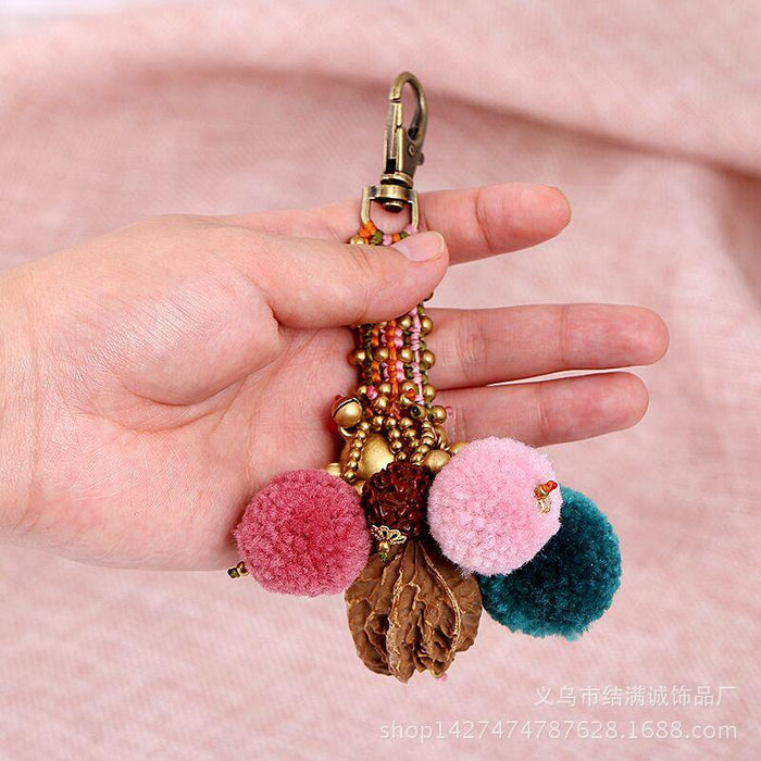 Bohemian Style Handmade Plush Ball Bag Pendant Woven Car Keychains