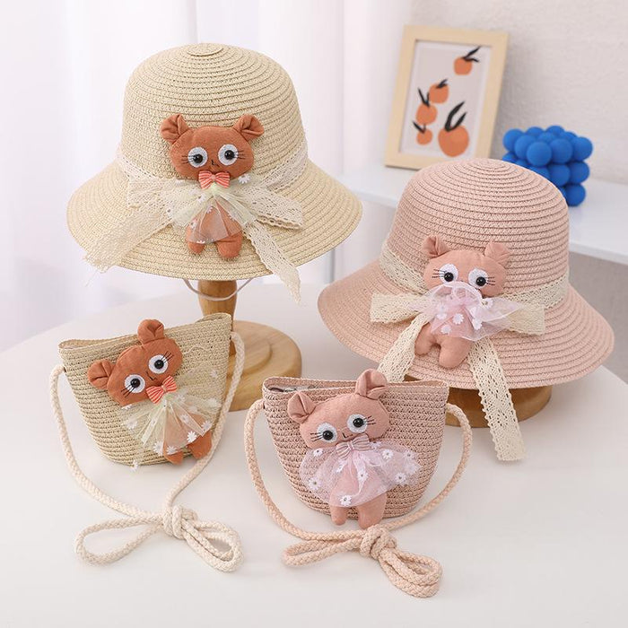 Summer Trendy Lace Cat Children's Grass Bucket Hat Bag Set