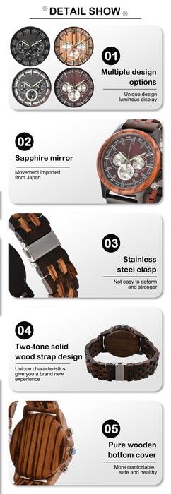 New Men's Multifunctional Business Luminous Large Dial Wood Quartz Watch