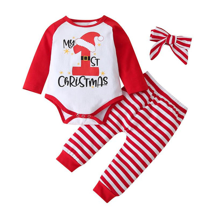 Printed letter Long Sleeve Striped triangle Khaki creeper pants three piece set