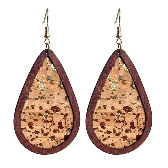 Leather Bark Grain Wood Frame Water Drop Earrings