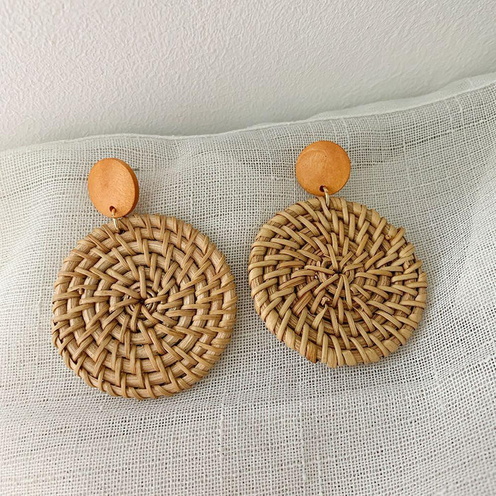 Wooden Handmade Rattan Geometric Earrings Female