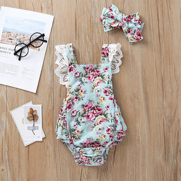 Baby Floral Bow Jumpsuit With Headband