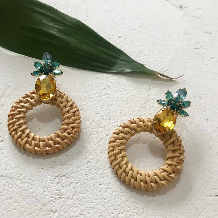 Geometric Round Rhinestone Fruit Pineapple Rattan Earrings