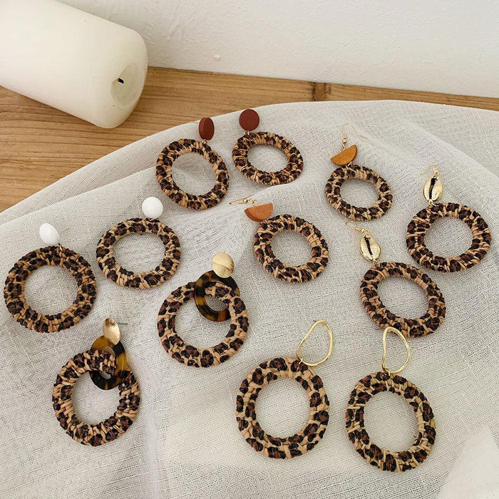 Colorful Leopard Print Fashion Hand Woven Exaggerated Rattan Earrings Jewelry