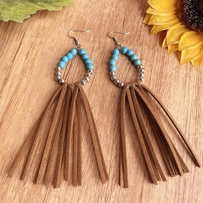Western Style Pine Stone Bead Leather Large Long Earrings