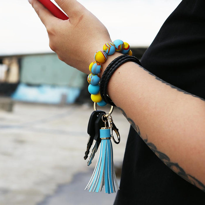 Silicone Leather PU Tassel Card Bag Bracelet Keychain