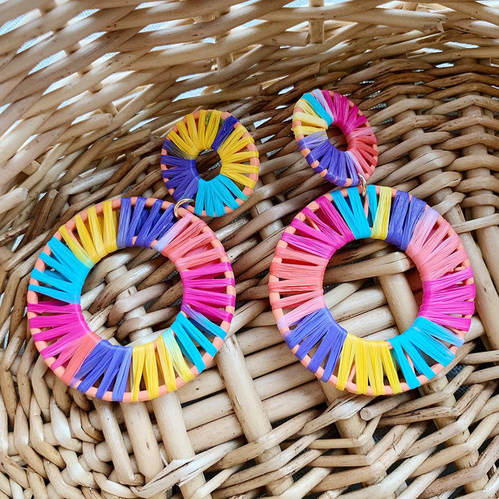 Colorful Lafite Woven Geometric Double Round Earrings Jewelry