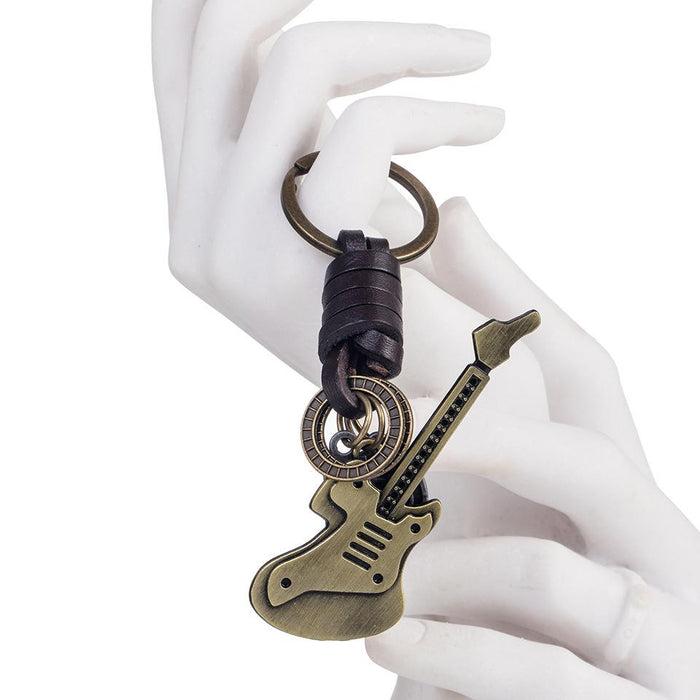 Vintage guitar leather metal Keychains creative small gift hand woven car Keychains pendant