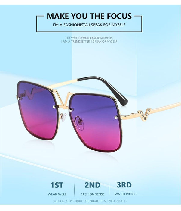 Square metal sunglasses V-shaped diamond inlay