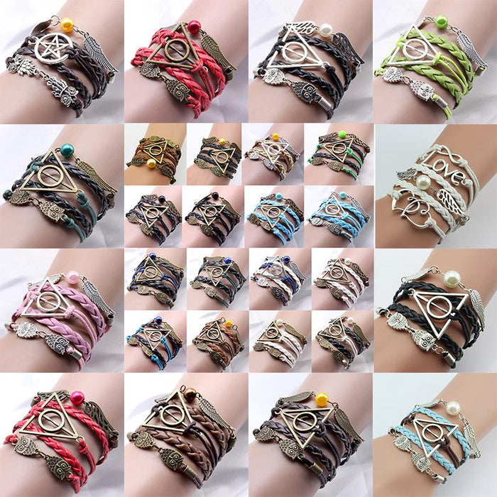 60Pcs Vintage Owl Wings Leather Rope Bracelet