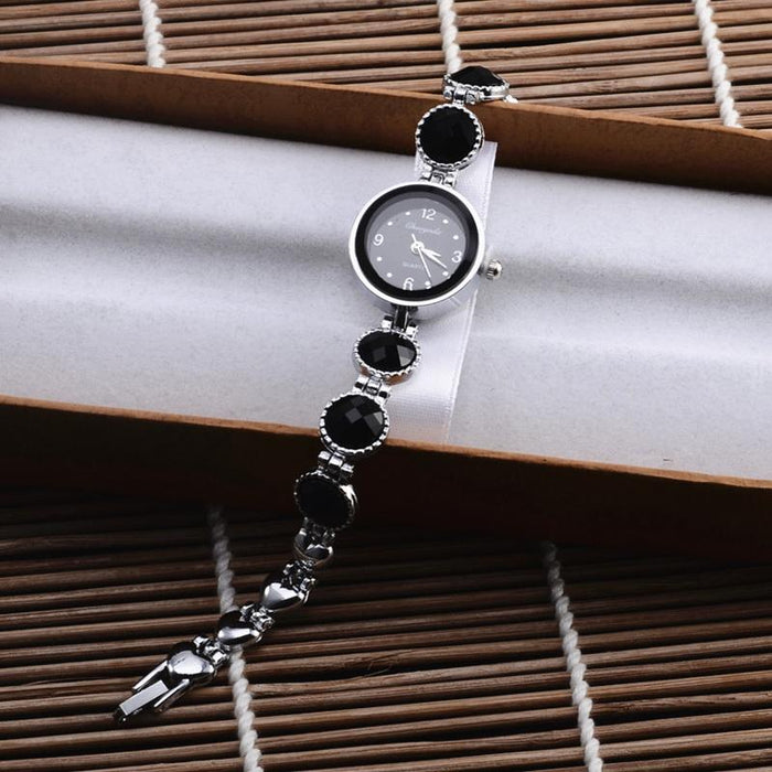 Wholesale Quartz Dial Black Stone Silver Bracelet Women Wristwatch