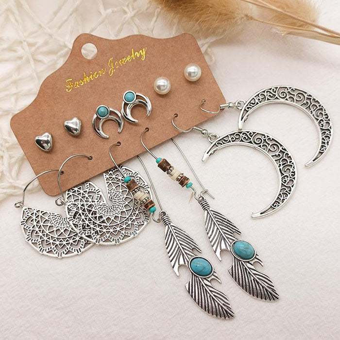 Vintage Long Tassel Leaf Feather Earring Set Jewelry