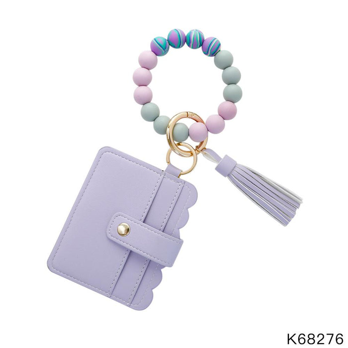 Tassel PU Leather Card Holder Silicone Bead Bracelet Keychain