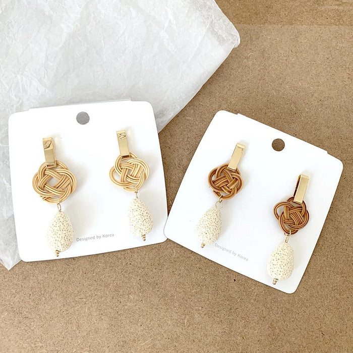 Temperament Knotted Rattan Long Volcanic Stone Earrings Jewelry
