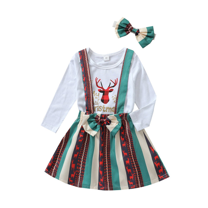 White letter deer long sleeved Khaki creeper striped suspender skirt