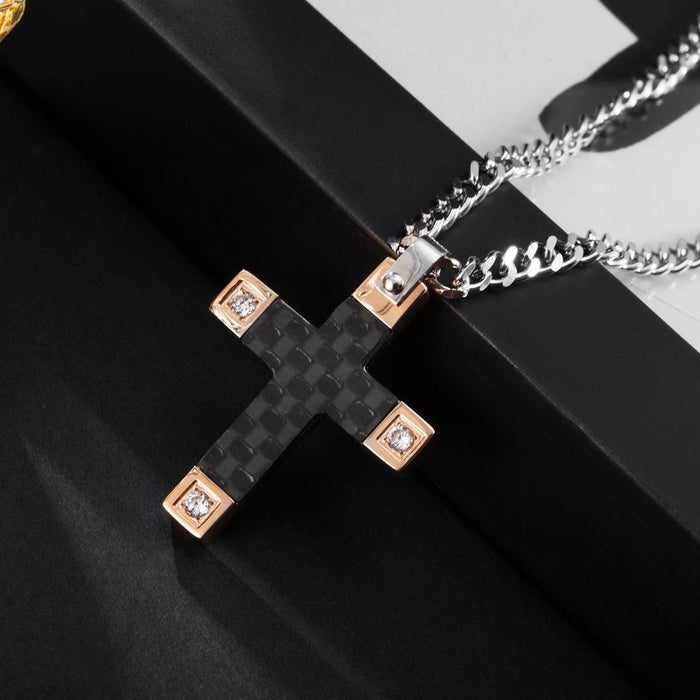 Men's Carbon Fiber Rose Gold Titanium Steel Pendant Necklace