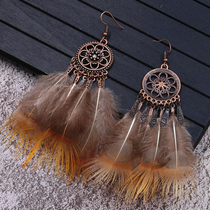 Fashion Flower Alloy Feather Chain Tassel Earrings