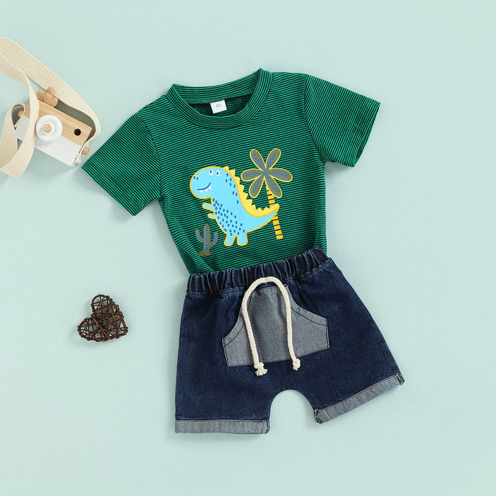 Cartoon T-shirt denim shorts two piece set