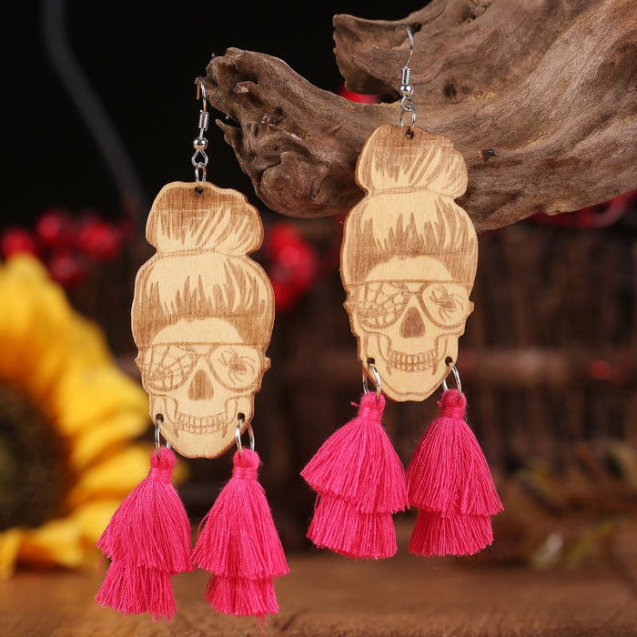 New Fringed Wooden Skull Spider Personality Lady Earrings
