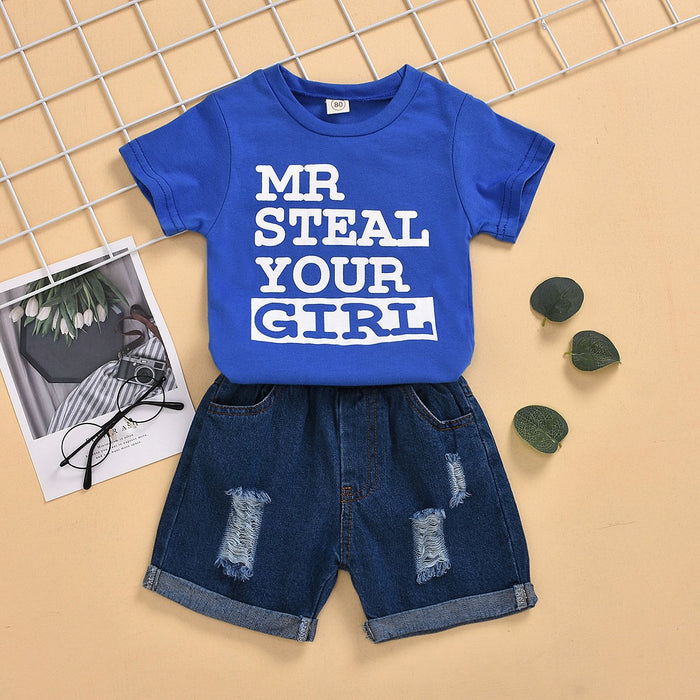 Boys' short sleeved denim hole shorts two-piece set