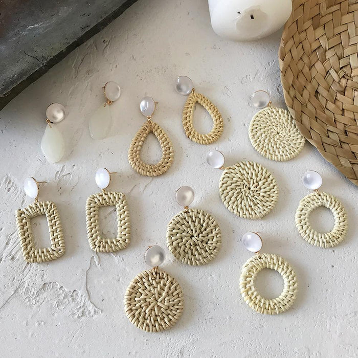 Summer Vacation Water Drop Circular Rattan Earrings