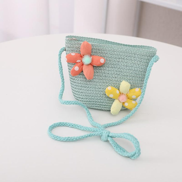 Summer Trendy Flower Streamer Children's Straw Hat Bag Set