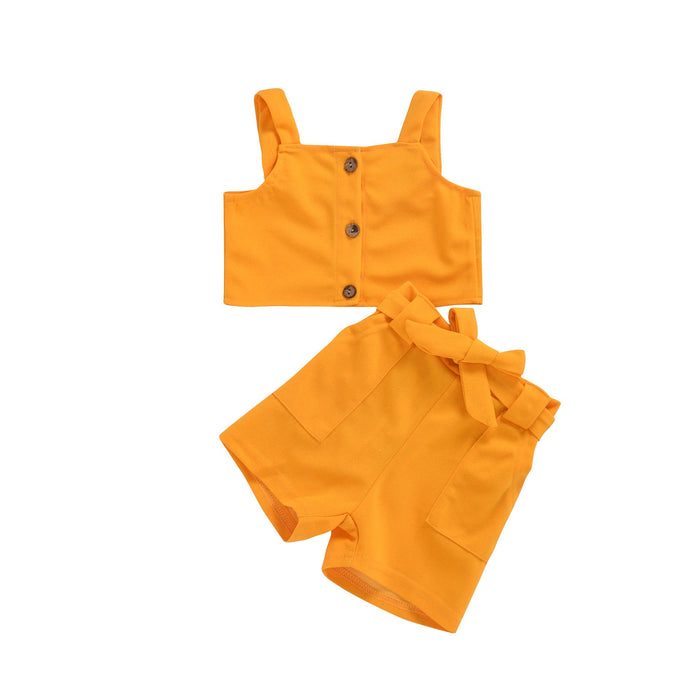 Suspender sleeveless top solid color shorts butterfly lace up Pants Set