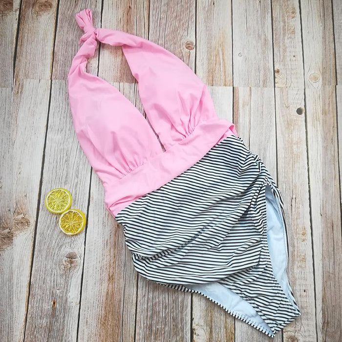 Sexy Stripe Deep V-neck One-piece Bikini Swimsuit