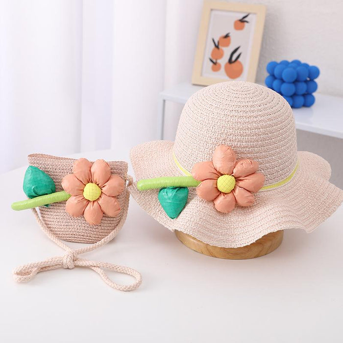 Trendy Three-dimensional Five-petal Flower Children's Wavy Straw Hat Bag Set