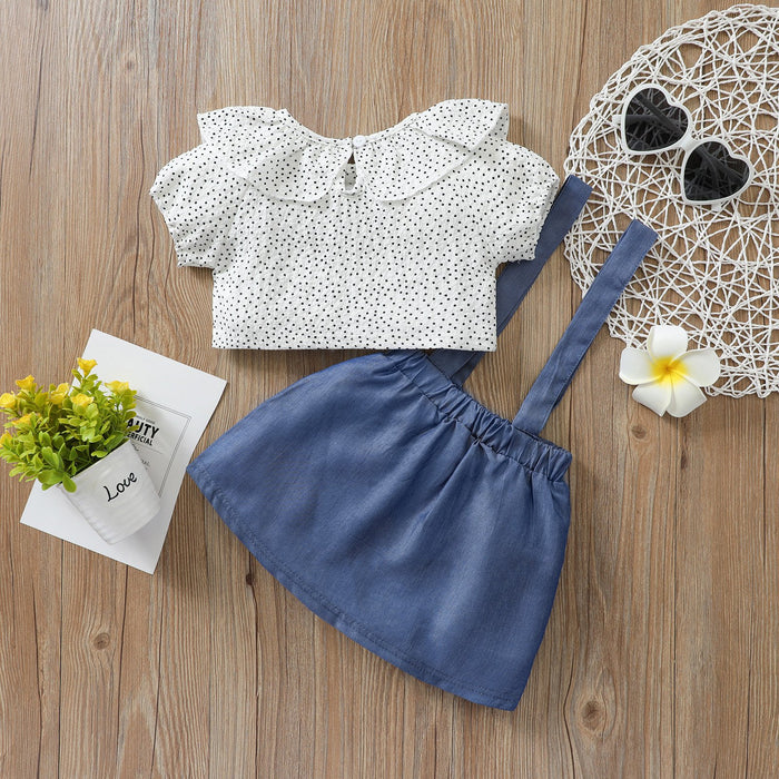 Polka Dot lotus leaf collar short sleeve top doll shirt short shirt blue strap skirt suit